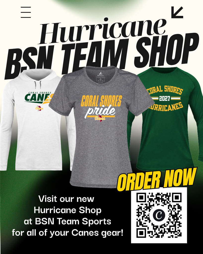 Let's go, Canes! 💚💛 Check out our new Coral Shores BSN Team Shop and show off your school spirit in style! Scan the QR code or click the link to learn more: https://bsnteamsports.com/shop/CfwnaTwtJF