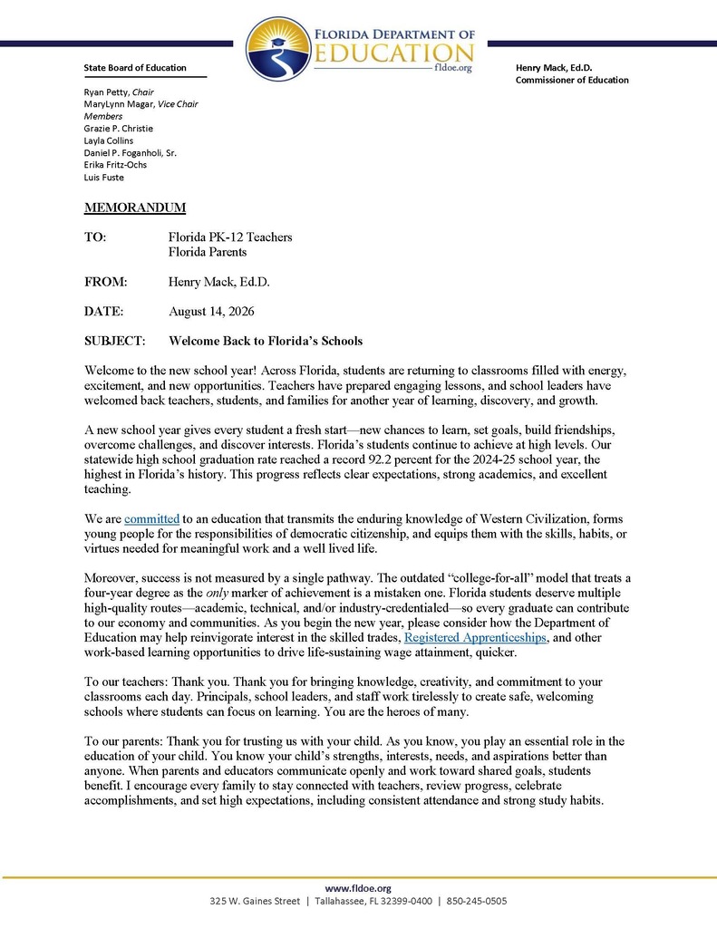 welcome back letter from FDOE Commissioner