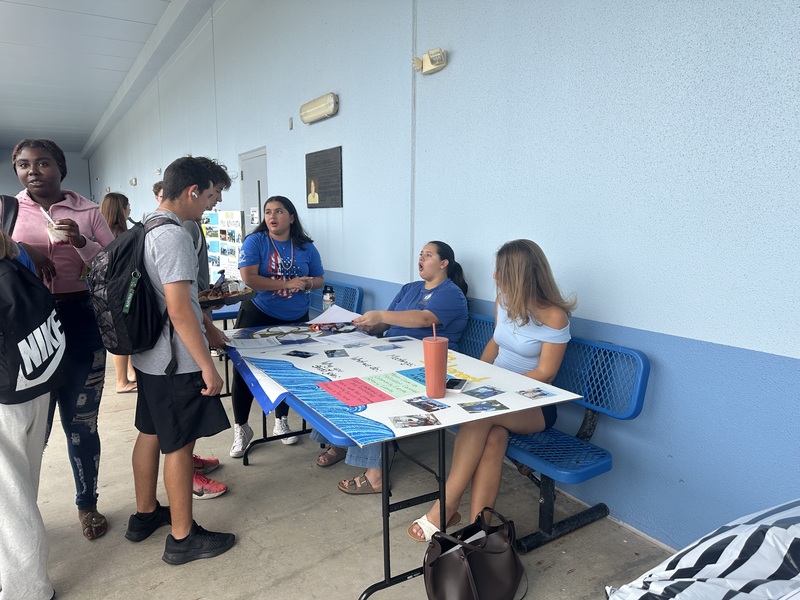 students talking at a table