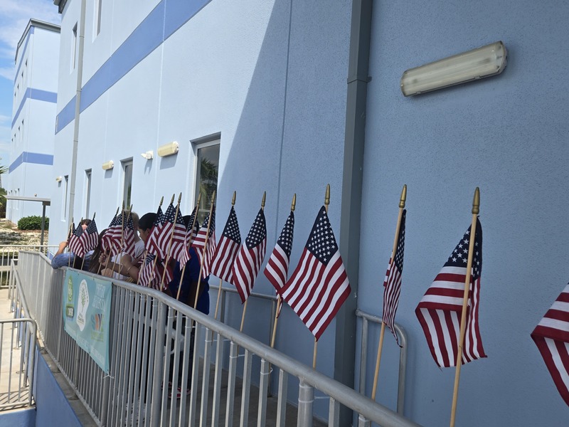 students hanging flags