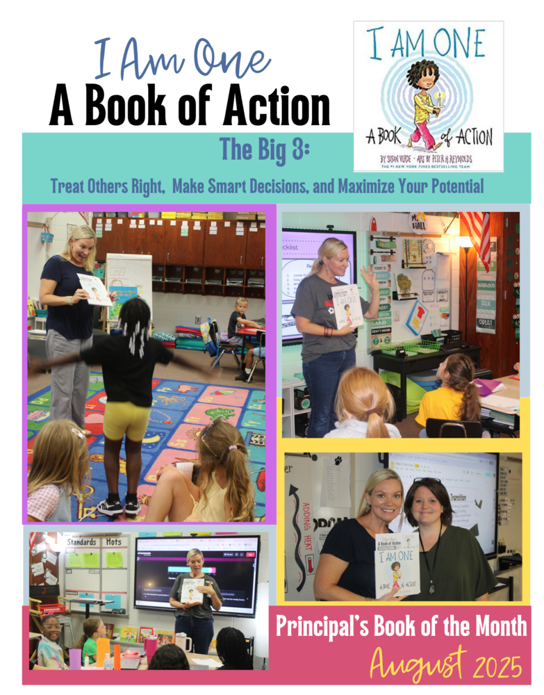 Photos of Dr. Chapman delivering the book, I Am One: A Book of Action to classrooms. Students look excited to receive the book. Dr. Chapman poses with Mrs. Thompson with the new book.