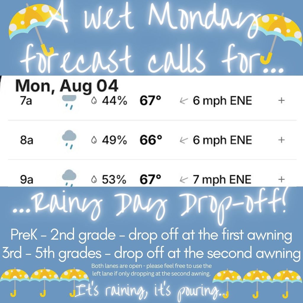 rainy day drop off  pre k - 2nd grade - drop off at first awning - 3-5th grades drop at 2nd awning - both lanes are open pls feel free to use left lane 