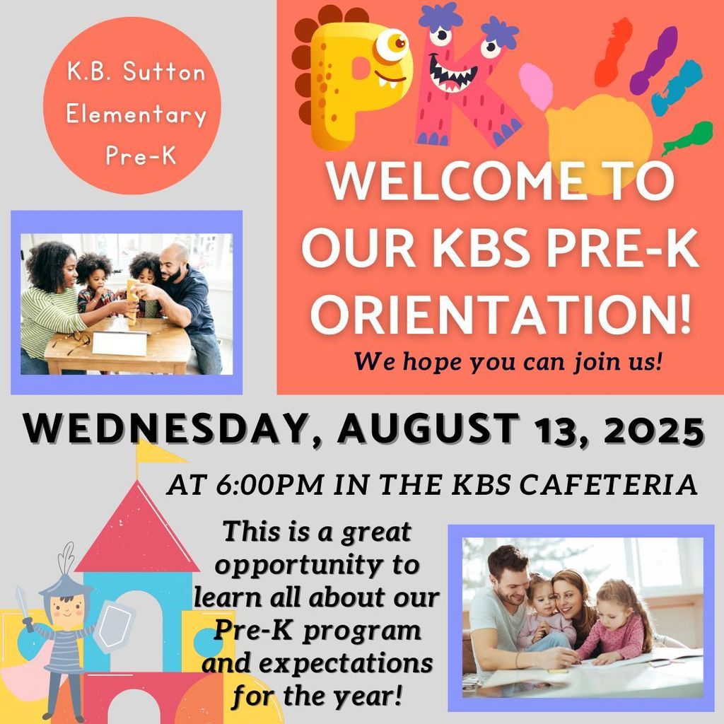 KBS Pre-K Parent Orientation is THIS WEDNESDAY, August 13, 2025 at 6pm in the KBS Cafeteria! This is a great opportunity to learn all about our Pre-K Program and expectations for the year! We hope to see you there!