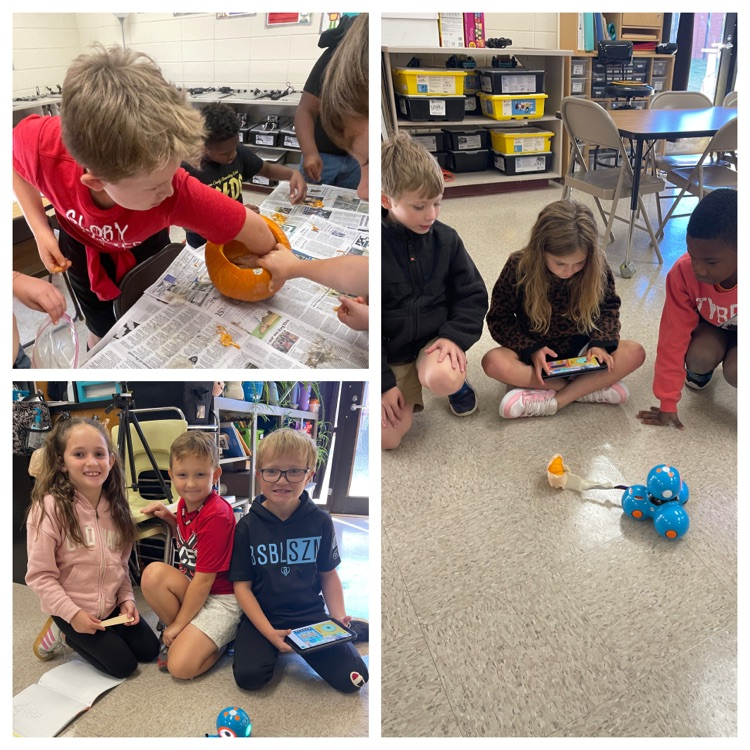 students pulling out pumpkin seeds and groups of students creating a way for robots to haul pumpkins