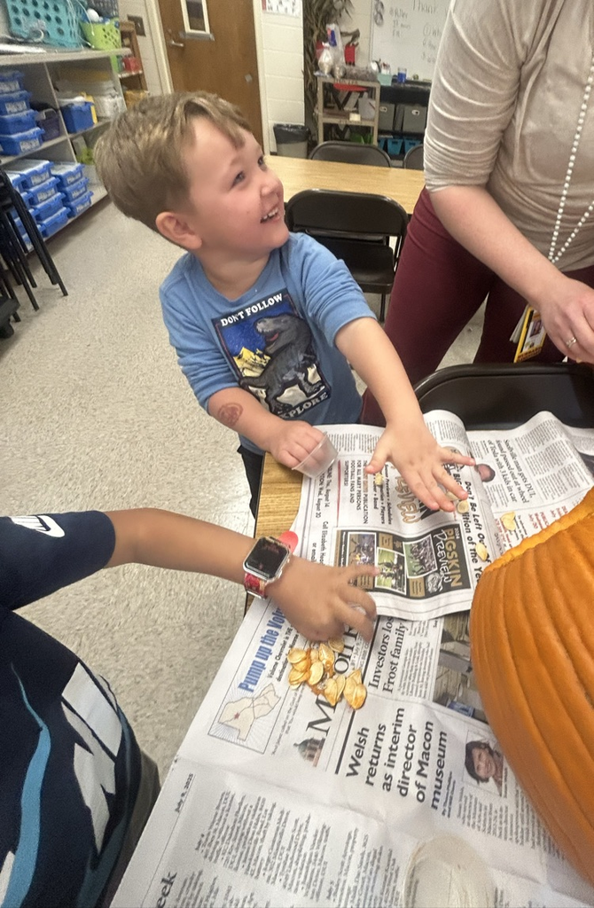 kinder student pulling out and counting pumpkin seeds to 10