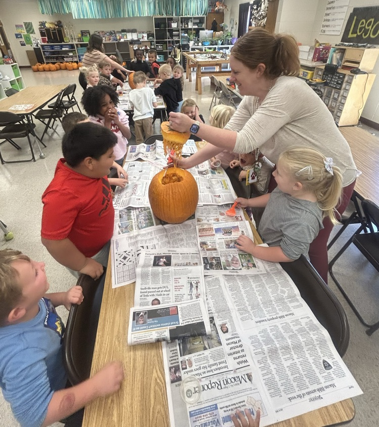 kinder student pulling out and counting pumpkin seeds to 10