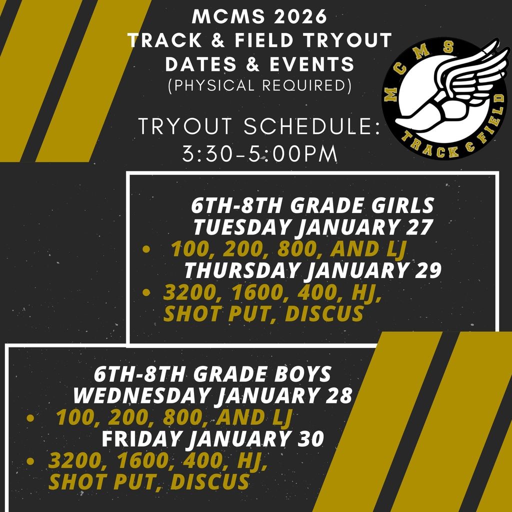 MCMS track tryouts schedule 2026 girls and boys