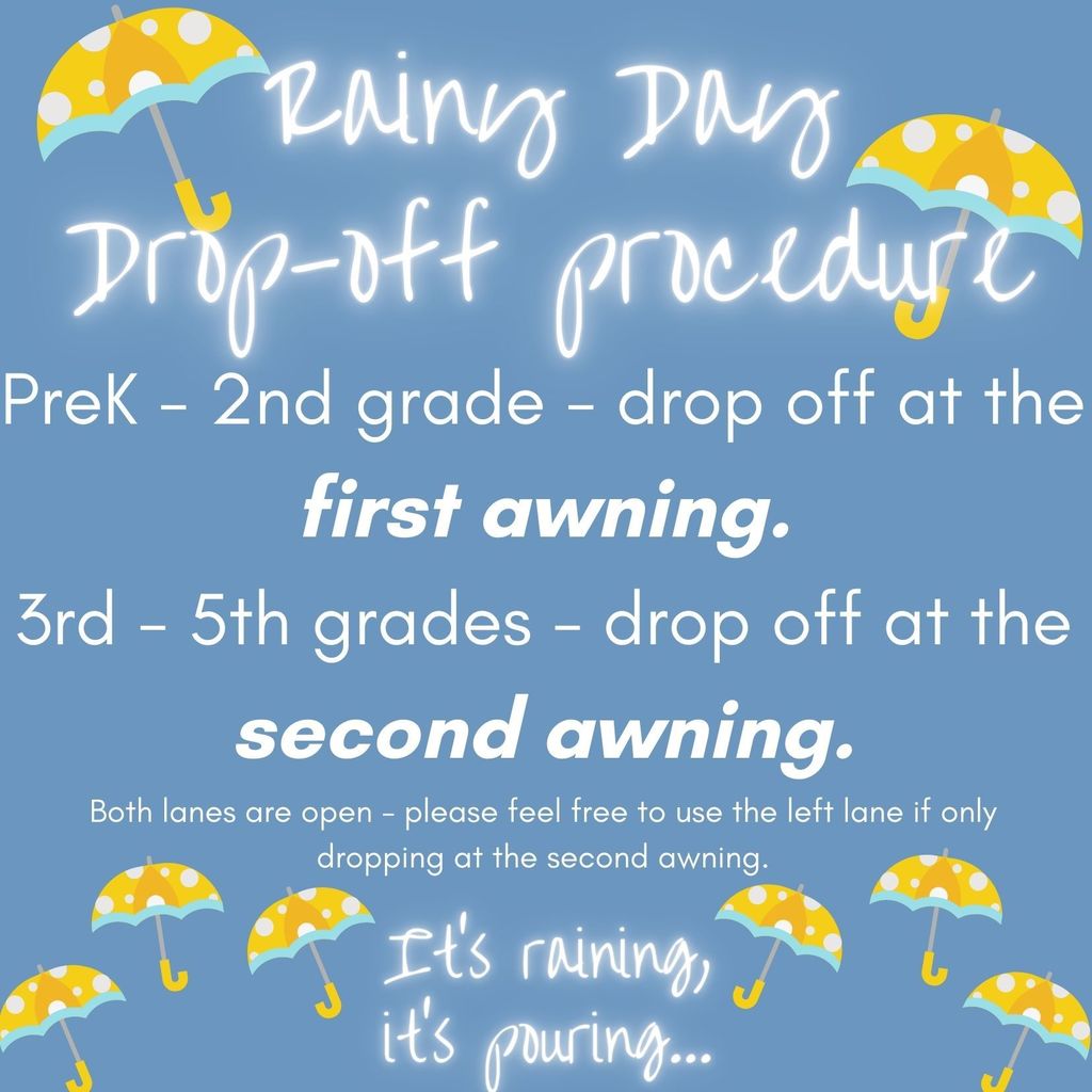 rainy day drop off - PreK - 2nd grade - drop off at the first awning. 3rd - 5th grades - drop off at the second awning. Both lanes are open - please feel free to use the left lane if only dropping at the second awning.