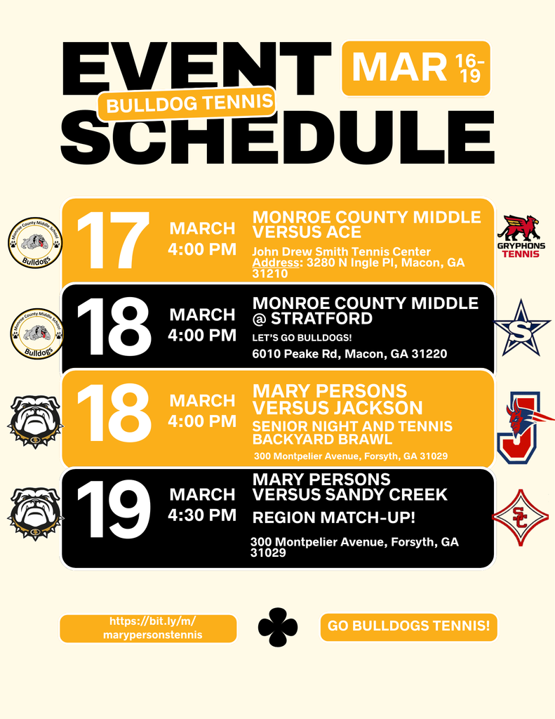 Please see our updated Bulldogs Tennis schedule for this week! 4 matches across 3 days for all of our tennis fans and supporters!  Senior Night festivities will start at 3:45 and all seniors will go on to play at 4:00!  GO DOGS!