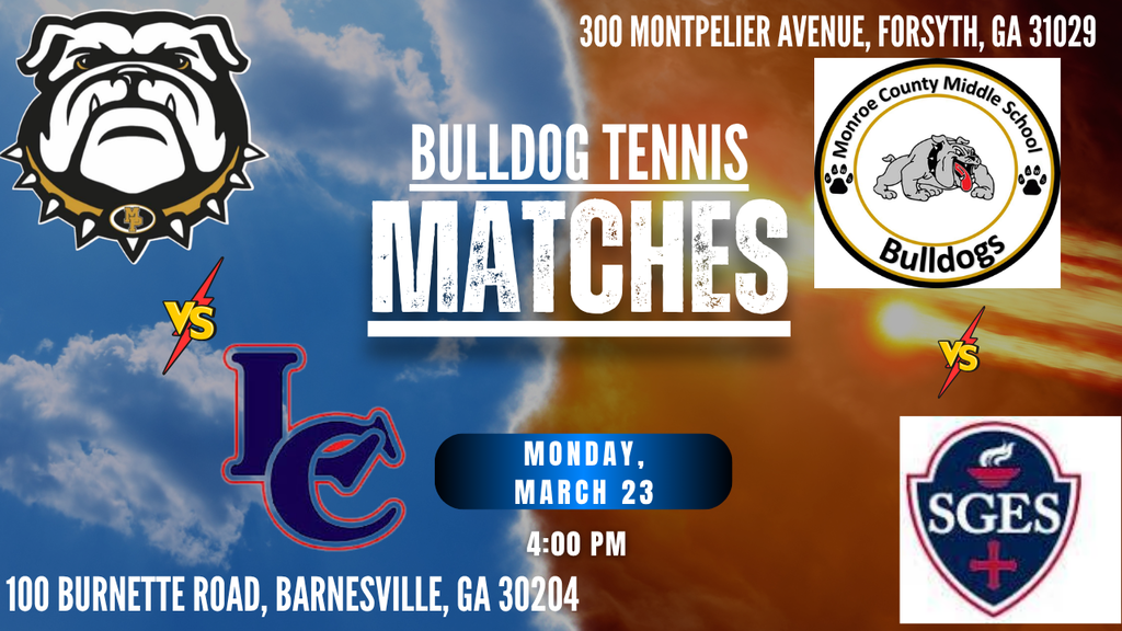 Double your tennis viewing pleasure today! MP travels to Barnesville to take on Lamar and MCMS defends the Dog Pound against St. George's. Ball meets racket at 4:00 PM. GO DOGS!