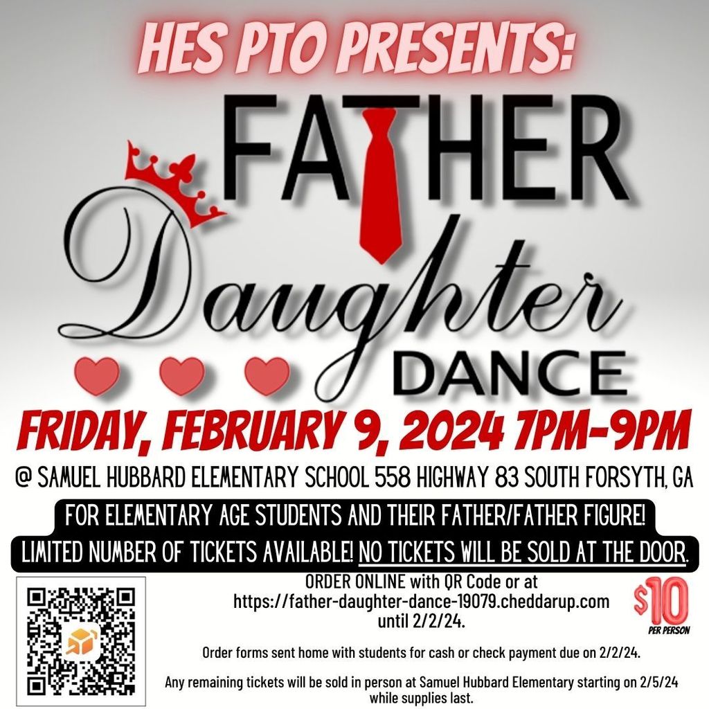 Online ticket sales & Paper order forms for HES PTO's Annual Father-Daughter Dance end TOMORROW, February 2nd! THERE IS A LIMITED NUMBER OF TICKETS AND THERE WILL BE NO TICKETS SOLD AT THE DOOR. Order at this link: https://father-daughter-dance-19079.cheddarup.com