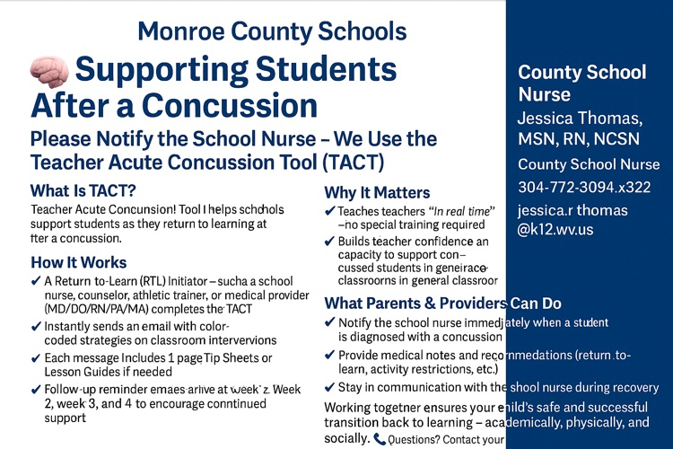 Monroe County Schools has implemented a concussion tool guide to help our students return to learning while supporting their needs in real time.