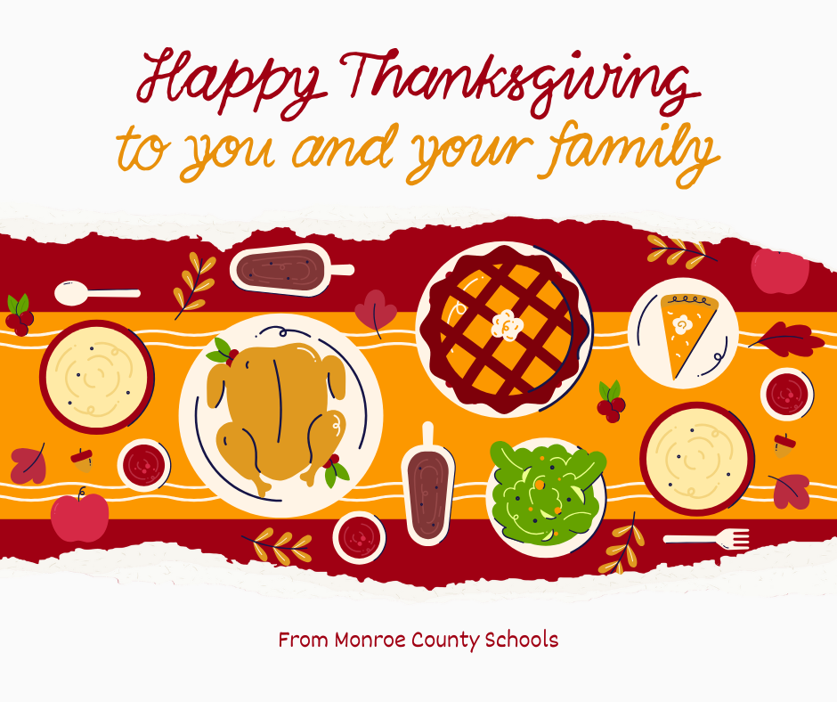 Thanksgiving photo with pie, turkey, salad and it is on a table with a red and orange table cloth.