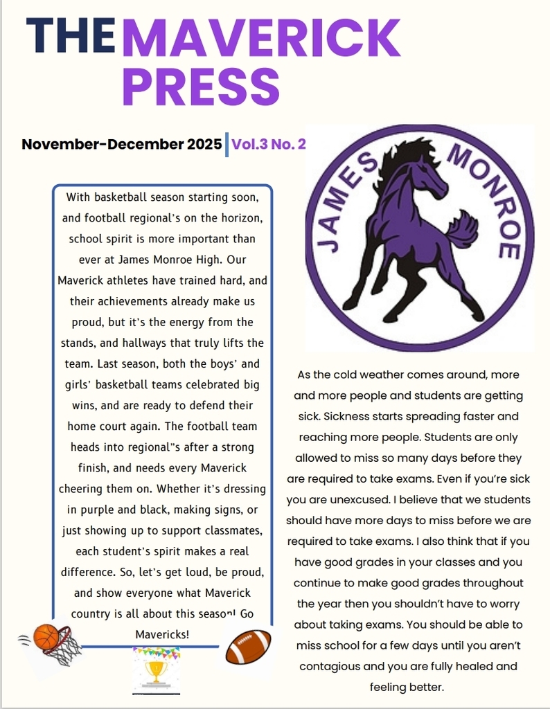 The JMHS Newletter and it talks about Basketball and cold Weather