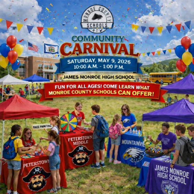 Monroe County Schools Carnival will be on Saturday, May 9 from 10am to 1pm at James Monroe High School