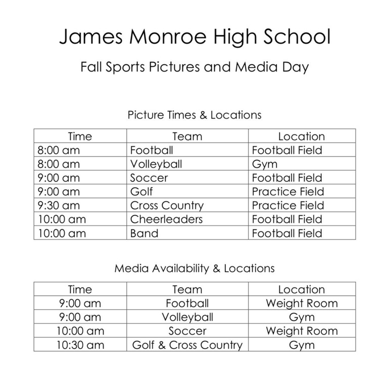 JMHS Fall Sport Pictures and Media Day Schedule