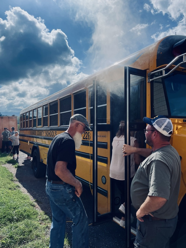 Monroe County School bus evacuation training. 