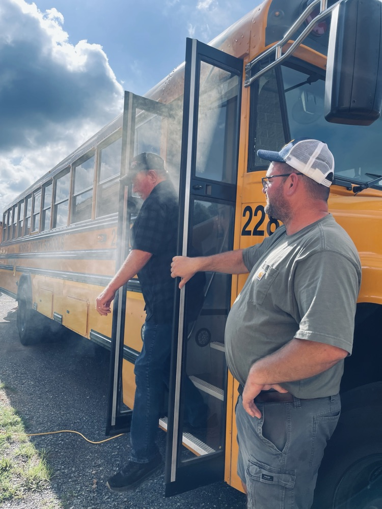Monroe County School bus evacuation training. 