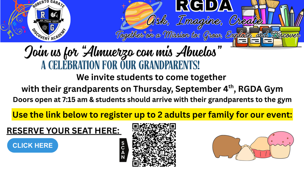 RGDA will be host our annual grandparent's day celebration with our "Almuerzo con mis Abuelos". See flyer and use link to register. Remember registering helps us to plan and prepare! RGDA tendrá nuestra celebración anual del día de los abuelos con nuestro "Almuerzo con mis Abuelos". Vea el folleto y use el enlace para registrarse. ¡Recuerda que registrarnos nos ayuda a planificar y prepararnos!