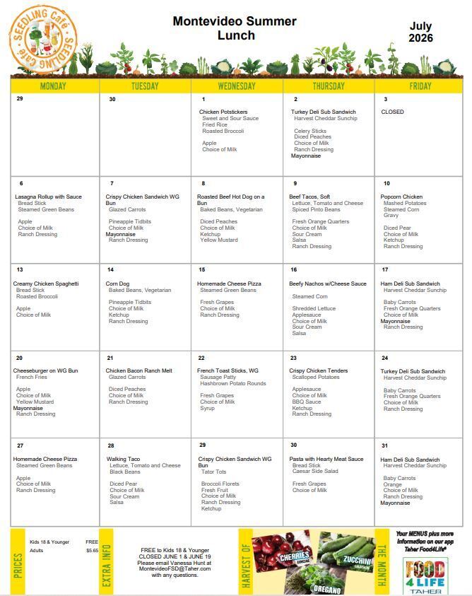 Summer Lunch July Menu