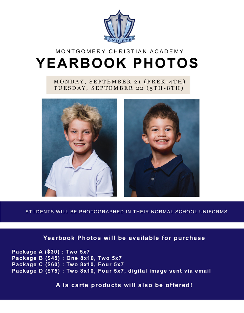Flyer announcing yearbook photos will be available for purchase showing two sample photos of students photographed in their school uniforms. Pricing information will be in the post.