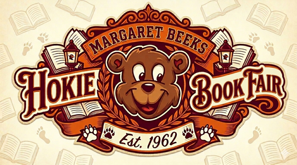 An illustrated, rectangular graphic for a "Hokie Book fair" featuring the Margaret Beeks Elementary bear mascot.In the center, the friendly brown bear from the school logo is framed by a golden laurel wreath. Behind the bear, a large, stylized banner in Virginia Tech maroon and burnt orange reads "HOKIE BOOKFAIR" in bold, collegiate-style lettering. Above the bear, a smaller ribbon displays the text "MARGARET BEEKS", topped with a "VT" logo.The bottom of the design features a white ribbon with the text "Est. 1962" flanked by small paw prints. The entire central emblem is surrounded by illustrations of open books and vintage-style lampposts. The background is a light cream color subtly patterned with faint sketches of open books and bear tracks.