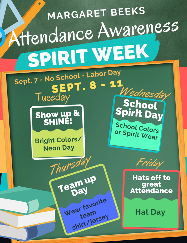 An event flyer titled Margaret Beeks Attendance Awareness Spirit Week, taking place from Sept. 8 – 11, with Sept. 7 noted as No School - Labor Day. The flyer is styled like a chalkboard with colorful sticky notes detailing theme days for the week:  Tuesday: Show up & SHINE! — Bright Colors / Neon Day  Wednesday: School Spirit Day — School Colors or Spirit Wear  Thursday: Team up Day — Wear favorite team shirt/jersey  Friday: Hats off to great Attendance — Hat Day