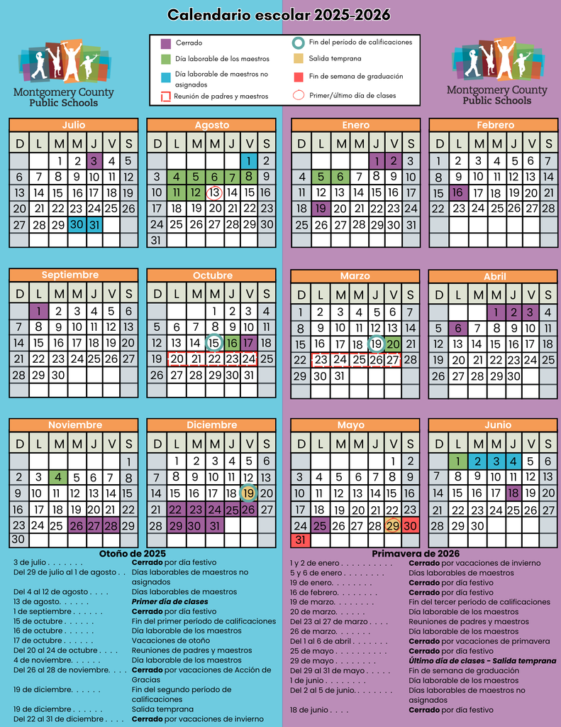 2025-2026 school calendar in Spanish