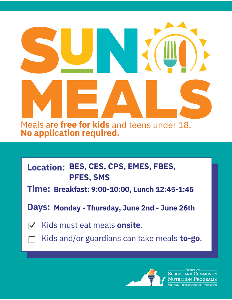 Location: BES, CES, CPS, EMES, FBES, PFES, SMS time: 9:00-10:00, lunch 12:45-1:45. Monday -thursday, June 2-June 18. Kids must eat on site