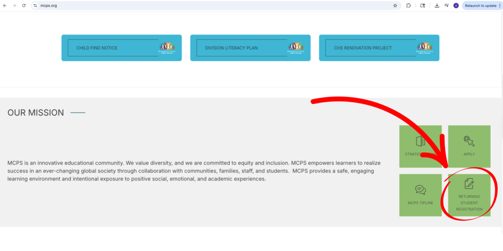 Screenshot of MCPS website with an arrow pointing to a button saying "returning student registration"