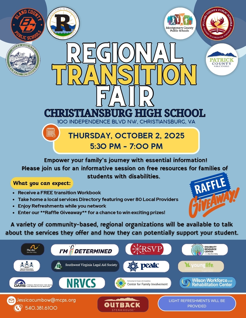 The Regional Transition Fair provides free resources for families of students with disabilities, with a focus on preparing for their future. The event, which includes a local services directory and a raffle, is sponsored by several public school systems in Virginia and will take place at Christiansburg High School on October 2, 2025.