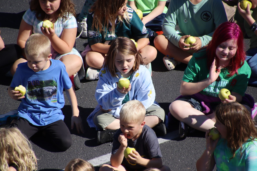 students sitting eating in apple