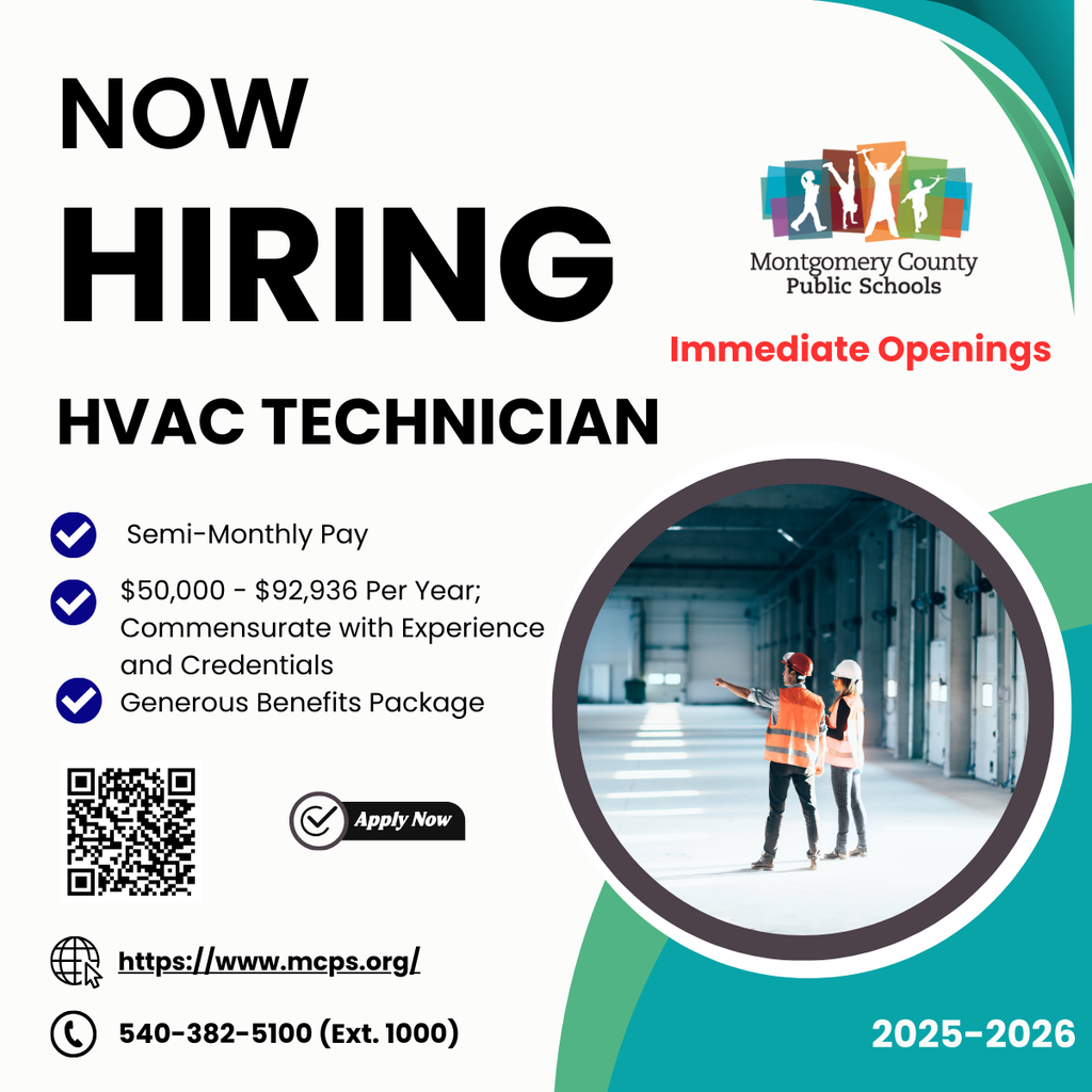 A professional graphic advertising an immediate opening for an HVAC Technician with Montgomery County Public Schools. Text reads: 'NOW HIRING HVAC TECHNICIAN' with details: 'Semi-Monthly Pay', '$50,000 – $92,936 Per Year; Commensurate with Experience and Credentials', and 'Generous Benefits Package'. A photo inset shows two construction workers in safety vests and hard hats pointing inside a large, open commercial space. Contact info, a QR code, and the MCPS logo are included.