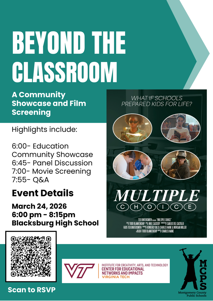 A teal and white event flyer titled "Beyond the Classroom: A Community Showcase and Film Screening" for a screening of the film Multiple Choice. The event takes place on March 24, 2026, at Blacksburg High School from 6:00 pm to 8:15 pm.