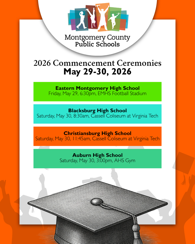 Montgomery County Public Schools commencement schedule for May 29–30, 2026, listing graduation times and locations for four high schools.