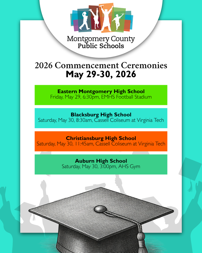 Montgomery County Public Schools commencement schedule for May 29–30, 2026, listing graduation times and locations for four high schools.