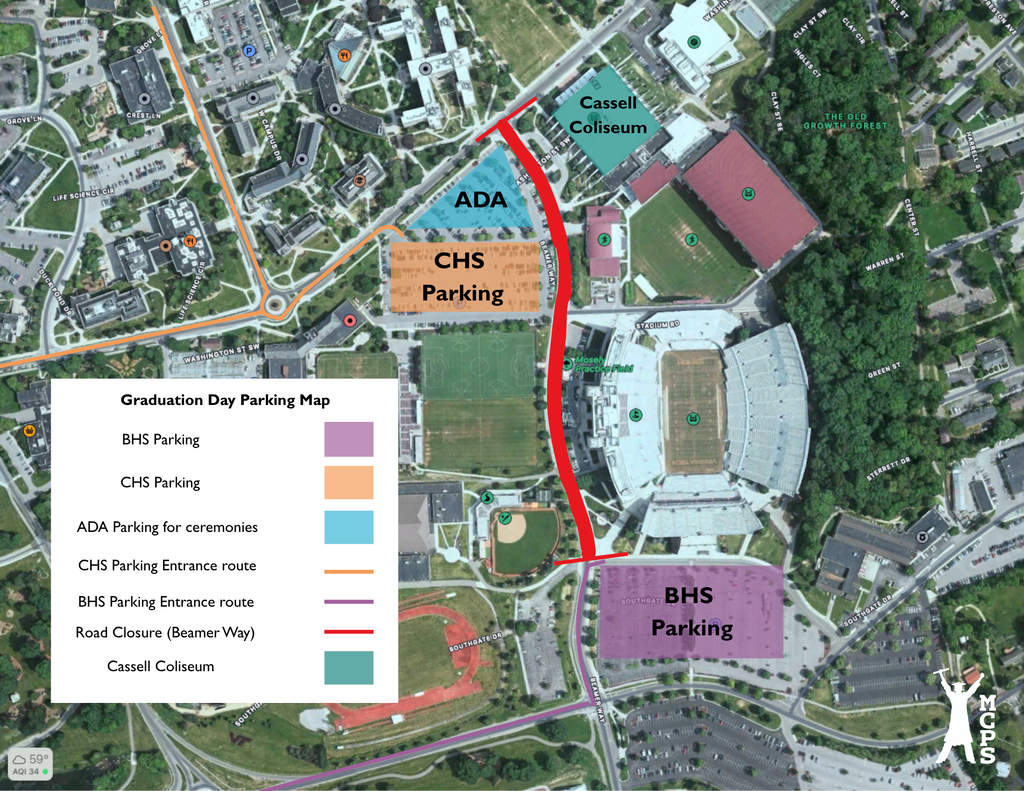 Graduation day parking map showing designated BHS, CHS, and ADA parking areas with entrance routes and road closures near Cassell Coliseum.