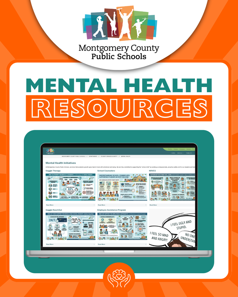 Montgomery County Public Schools mental health resources page displayed on a laptop, highlighting student, family, and employee support services.