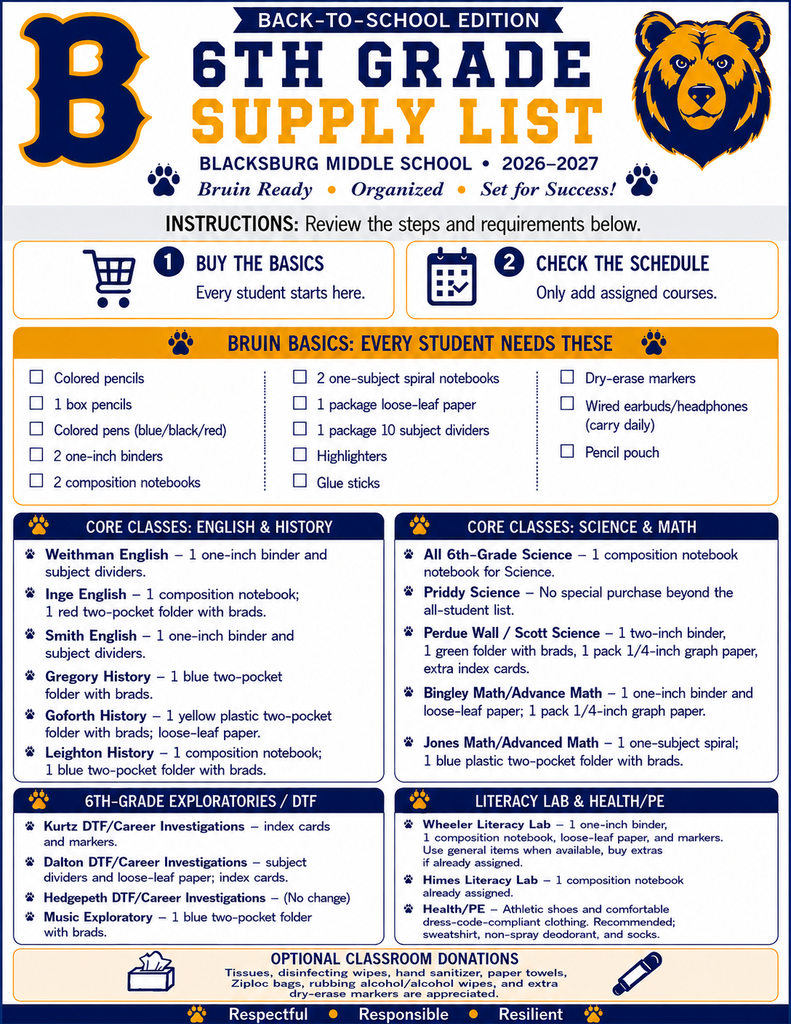 6th grade school supply list