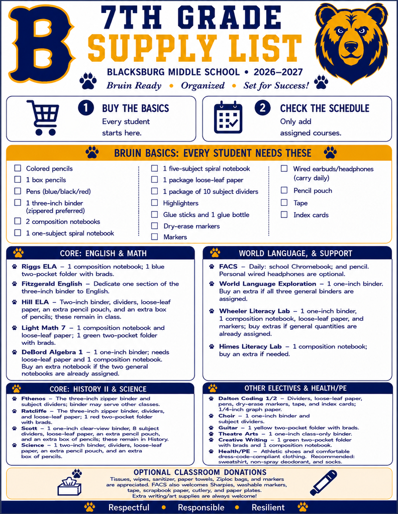 7th grade school supply list