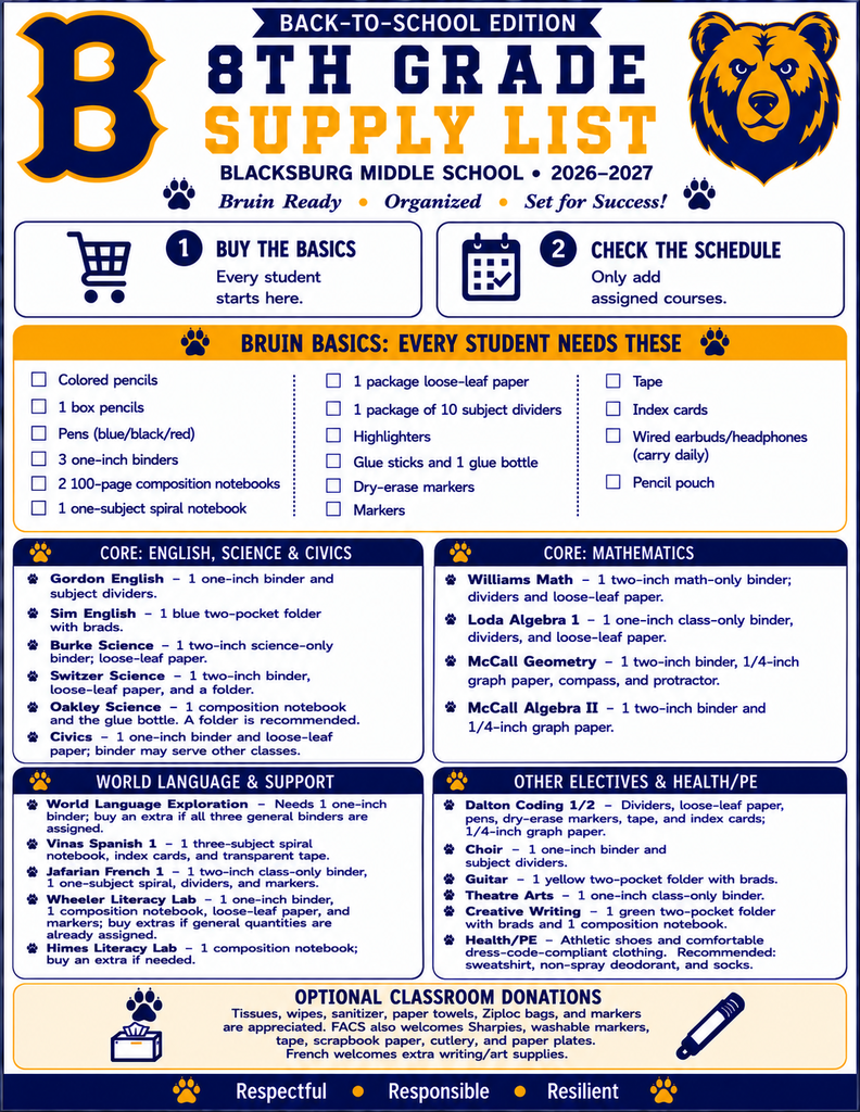 8th grade school supply list