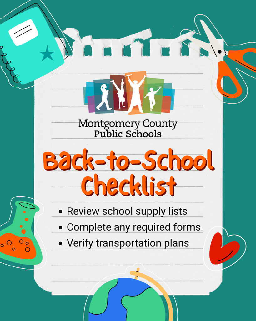 Montgomery County Public Schools Back-to-School Checklist: Review school supply lists, complete any required forms, and verify transportation plans, with school-themed illustrations.