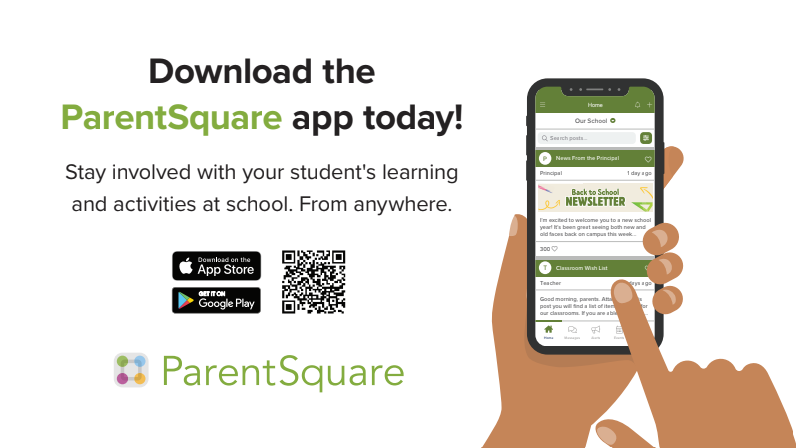 Poster explaining how to download the ParentSquare app. Displays hands holding a phone with a QR code to use.
