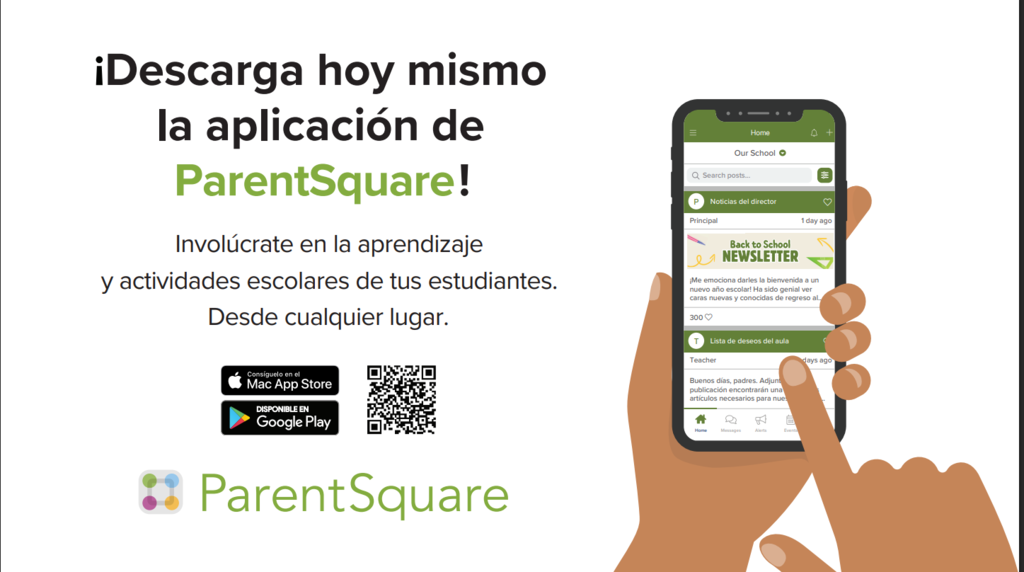Poster in Spanish explaining how to download the ParentSquare app. Displays hands holding a phone with a QR code to use.