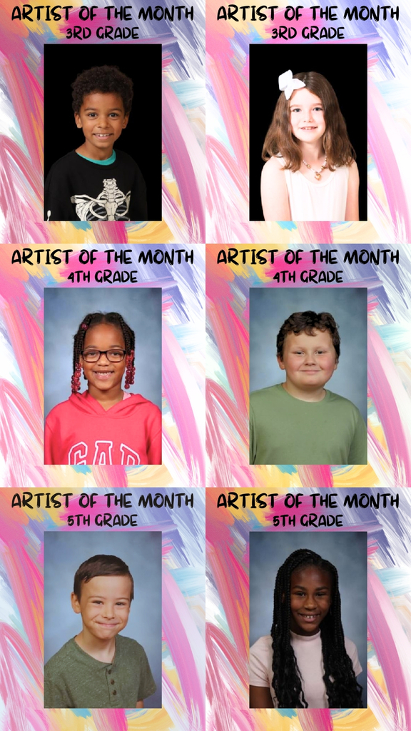 6 smiling elementary students with individual photos as artist of the month.
