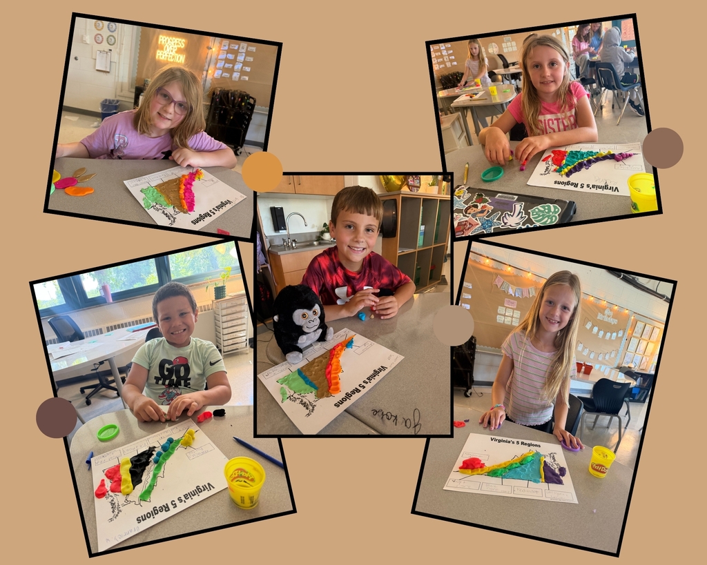 Smiling students sitting at desks modeling the geography of Virginia using playdough.