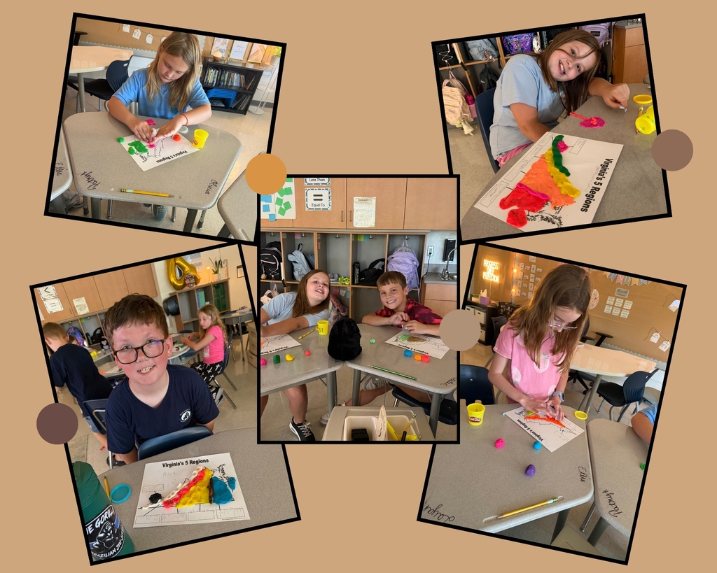 Smiling students sitting at desks modeling the geography of Virginia using playdough.