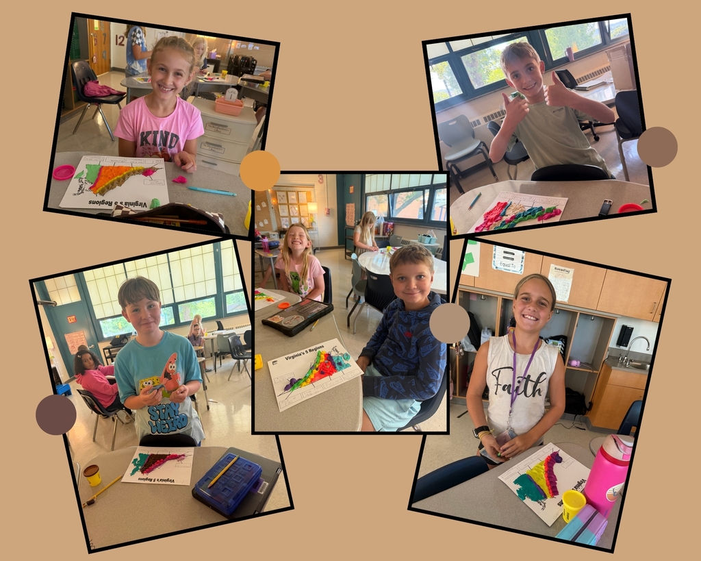 Smiling students sitting at desks modeling the geography of Virginia using playdough.