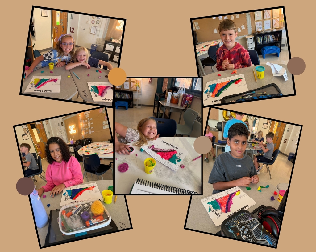 Smiling students sitting at desks modeling the geography of Virginia using playdough.