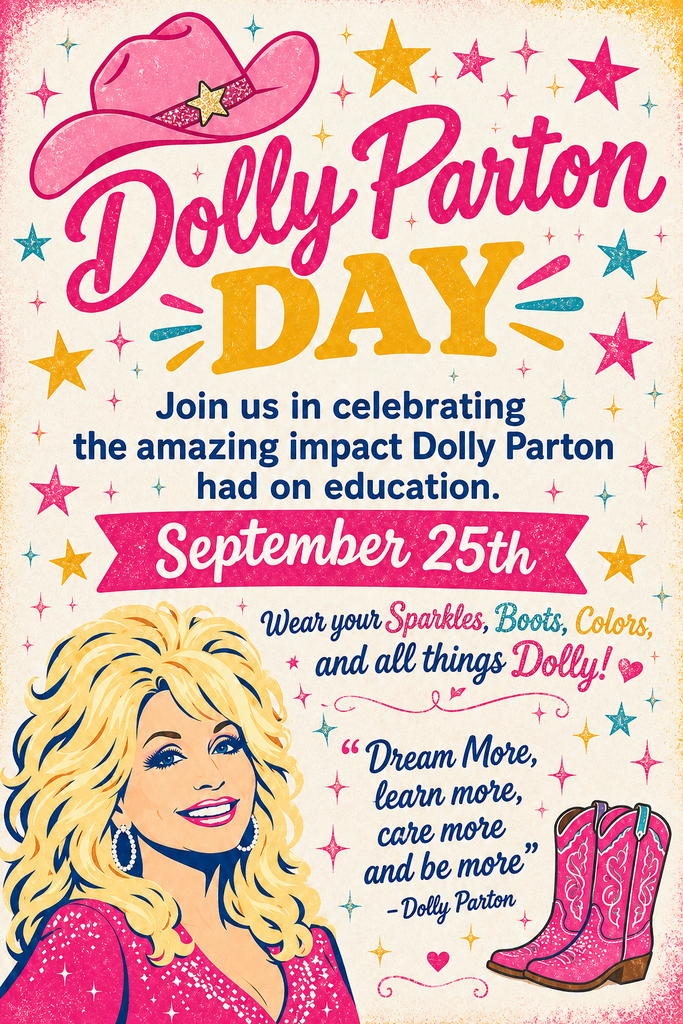 Pink sparkling flier with image of Dolly Partin and invitation to celebrate Dolly Day on September 25th.